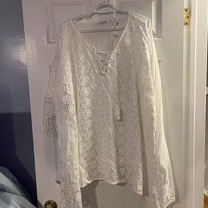PAPARAZZI White Sheer-Crochet Fringe-Trim Lace-Up Poncho - Women
